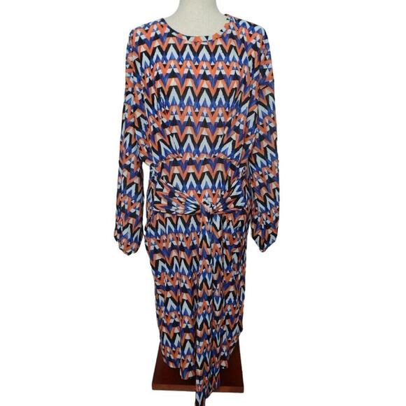 ZARA Wrap Dress Women’s Sz Small Oversized Blue Orange Geo Print Sheath Modern - Picture 1 of 6